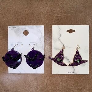 NWT Lot of 2 Pairs Halloween Dangle Earrings - Bats & Witch Hat